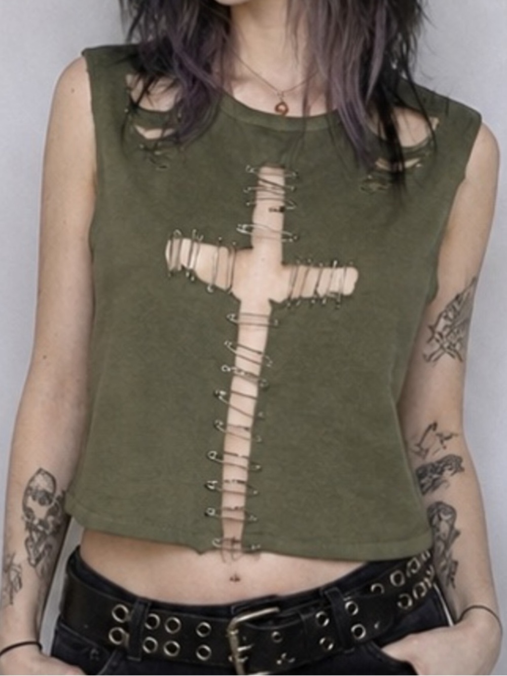 Cursed Kitty HandMade “Sacred Scratch” Olive Green Grunge Safety Pin Crop Top